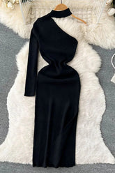 Robe de soirée longue fendue à une épaule en tricot